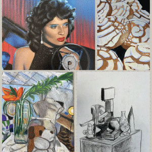 1 picture of a woman, 1 picture of concha bread, 1 picture of a colorful drawing and 1 picture of a black and white drawing.