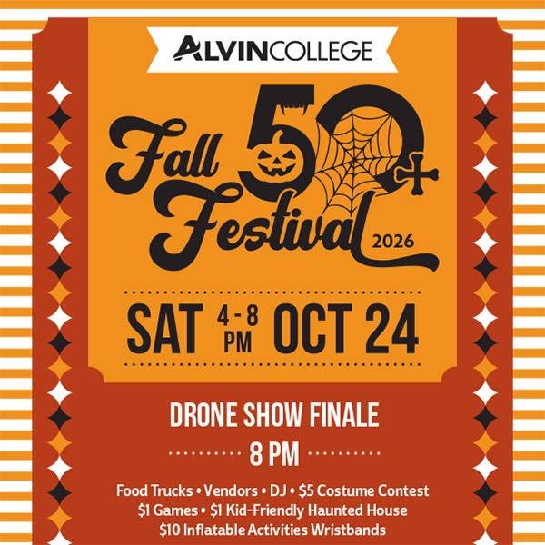 Text announces “Fall Festival 2026,” followed by “Sat., Oct. 24, 4–8 p.m.” Highlights a “Drone Show Finale” at 8 p.m. Additional details list food trucks, vendors, a DJ, a $5 costume contest, $1 games, a $1 kid-friendly haunted house, and $10 inflatable activity wristbands.